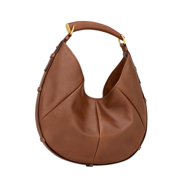 Image 2 of 3 - BROWN - Saint Laurent Women's Mombasa Medium Hobo Bag is crafted from supple calfskin leather in burnt bread brown with a tonal suede lining. Bronze-tone hardware, a leather-covered handle for hand or shoulder carry, a magnetic closure, and an interior zip pocket complete the design. Fits a large phone, slim wallet, keys, and sunglasses. Main Material: 100% Calfskin Leather. Lining: 100% Suede. Dimensions: 2440 x 2433 x 3 cm / 9.415.7 x 9.413 x 1.2 in. Handle Drop: 23 cm / 9.1 in. Made in Ita 