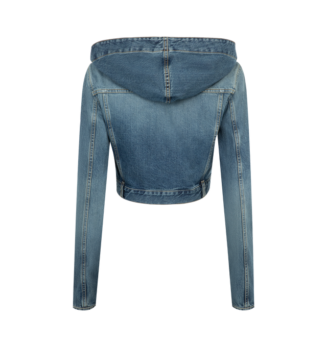 Image 2 of 2 - BLUE - ALAA Cropped hooded denim jacket with metal button front closure and belt loops. Made in Italy. 99% COTTON, 1% POLYURETHANE. 