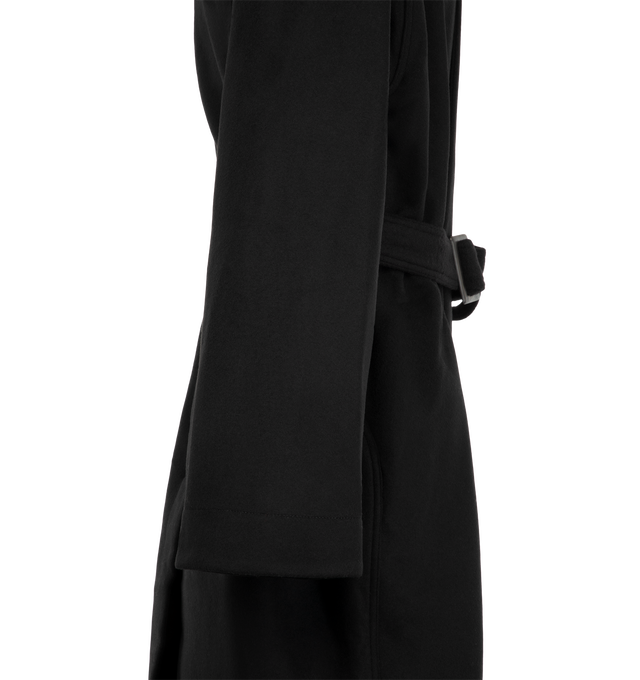 Image 3 of 3 - BLACK - Rick Owens Men's Tower Coat is crafted from heavyweight double-face cashmere and features a below-knee silhouette with a hood, dropped shoulders, and a wrap-front closure. Finished with a horn buckle belt, side seam pockets, back vent, and internal zip pockets. Main Material: 100% cashmere. Pocket Lining: 100% cotton. Buckle: 100% buffalo horn. 