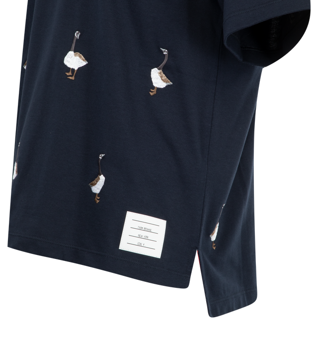 Image 3 of 3 - NAVY - THOM BROWNE Geese Print Jersey Tee featuring embroidered geese, short sleeves, crew neck, name tag applique and signature striped grosgrain loop tab. 100% cotton. Made in Italy. 