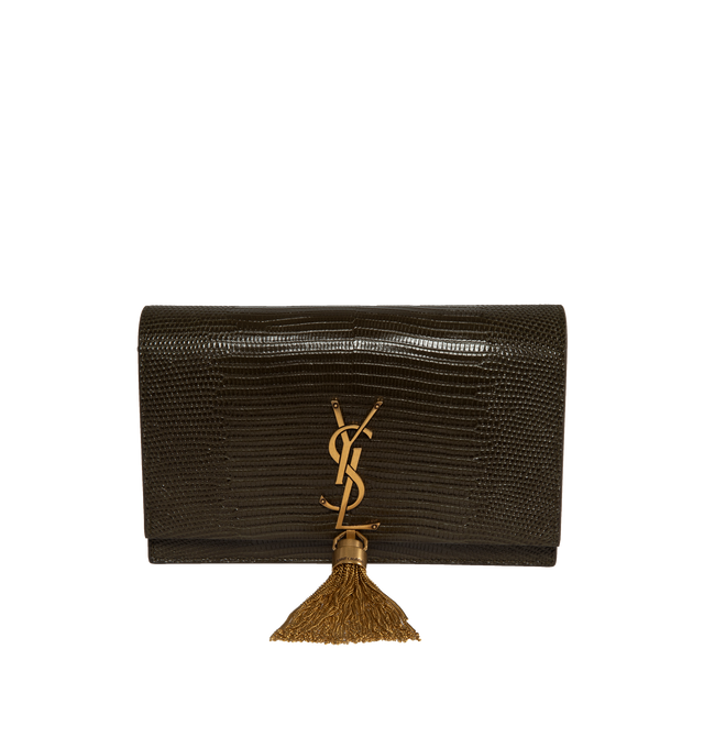 Image 1 of 3 - BROWN - SAINT LAURENT Kate Croc Effect Chain Wallet featuring glossed-leather, snap-fastening front flap, six card slots, bill slots, interior zipped pocket and central compartment. 5.7"H x 9.4"W x 2.1"D. Calfskin leather. Made in Italy.  