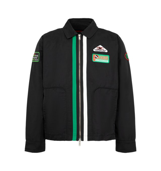 Image 1 of 4 - BLACK - Pleasures Men's Records Jacket is designed with a structured silhouette and features a point collar, full two-way zip closure, and multiple embroidered and appliqu graphic patches throughout. A contrasting striped panel in green and white runs alongside the front zipper, while welt pockets and adjustable button tabs at the hem complete the design. Main material: Polyester. 