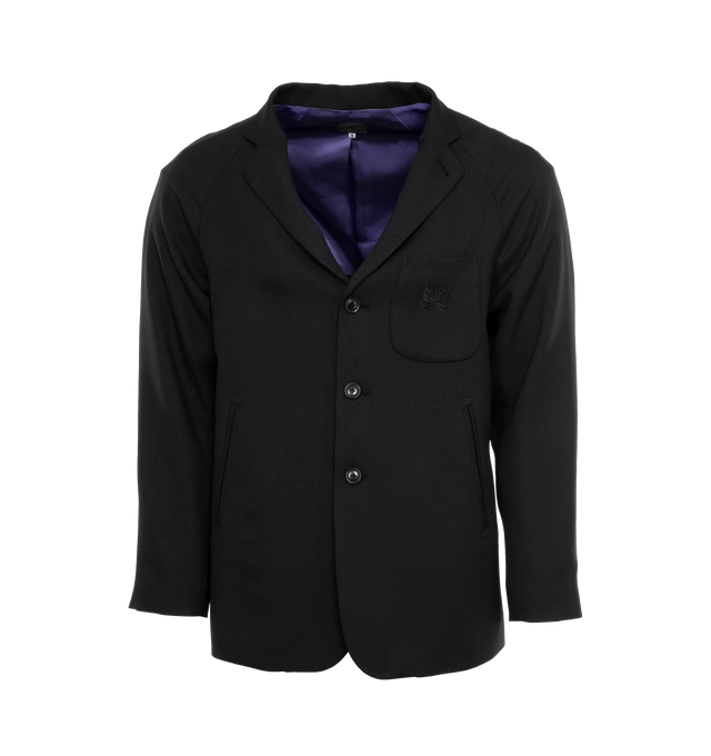 Image 1 of 3 - BLACK - NEEDLES Raglan Jacket featuring chest pocket is embroidered with a papillon (butterfly). Made of polyester but textured dobby cloth material. This fabric is lightweight and has excellent breathability. 100% polyester. Made in Japan. 