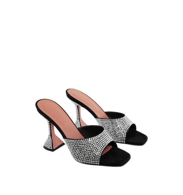 BLACK - AMINA MUADDI Lupita crystal suede mules featuring the iconic sculpted heel. 95mm heel. 100% leather. Made in Italy. 