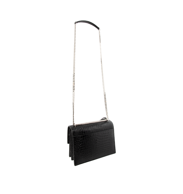 BLACK - SAINT LAURENT medium sunset chain bag in crocodile embossed calfskin featuring side gussets,  silver tone chain strap,  silver tone hardware and Cassandre monogram. Cnvertible strap can be used as a cross-body (20 inch drop) or doubled to be worn on the shoulder (11 inch drop). Bag measures 8.6 inches wide. 100% calfskin leather.