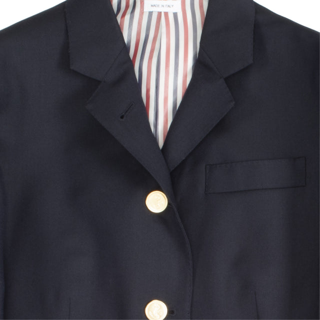 Image 2 of 2 - NAVY - THOM BROWNE  wool single-breasted blazer featuring signature grosgrain loop tab, three stripe lining, notched lapels, front 3-button fastening, long sleeves, chest welt pocket, two side flap pockets, buttoned cuffs and English rear vents. 120's Twill Fabric. 