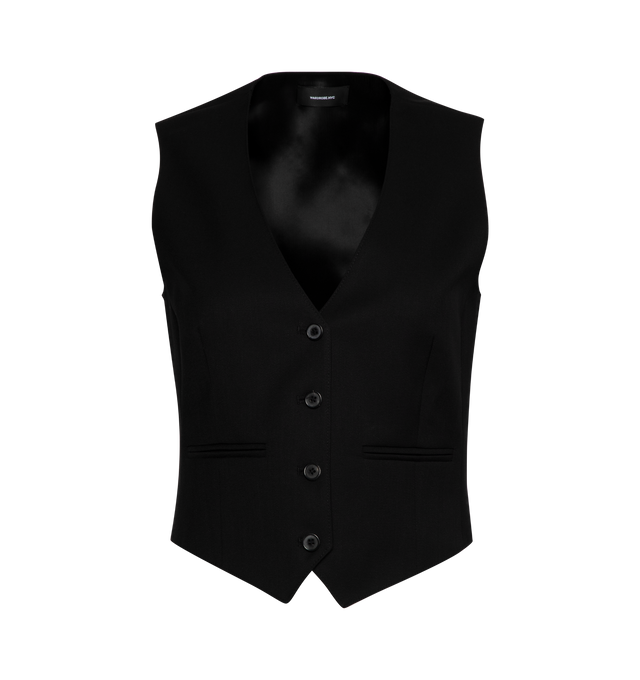 BLACK - WARDROBE.NYC Waistcoat has a v-neck, front button closure, front pockets, and adjsutable slider at back. 100% wool. 