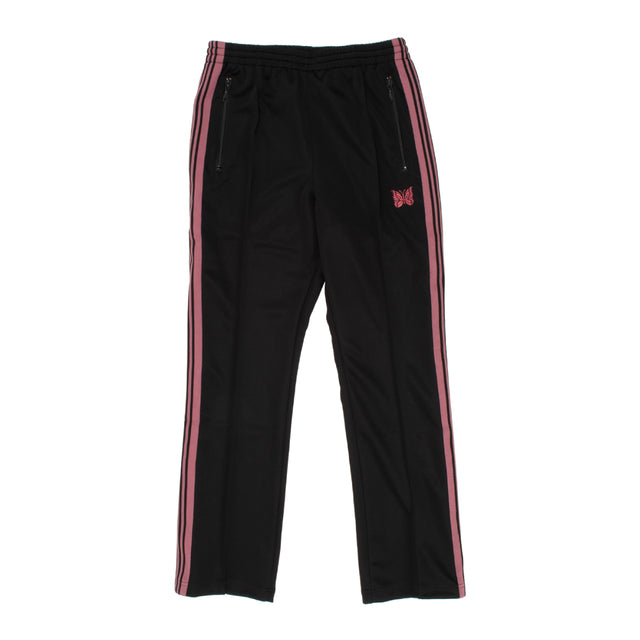 BLACK - NEEDLES Narrow Track Pants have an embroidered logo, side seam stripes, elastic waist, and side pockets. 100% polyester. 