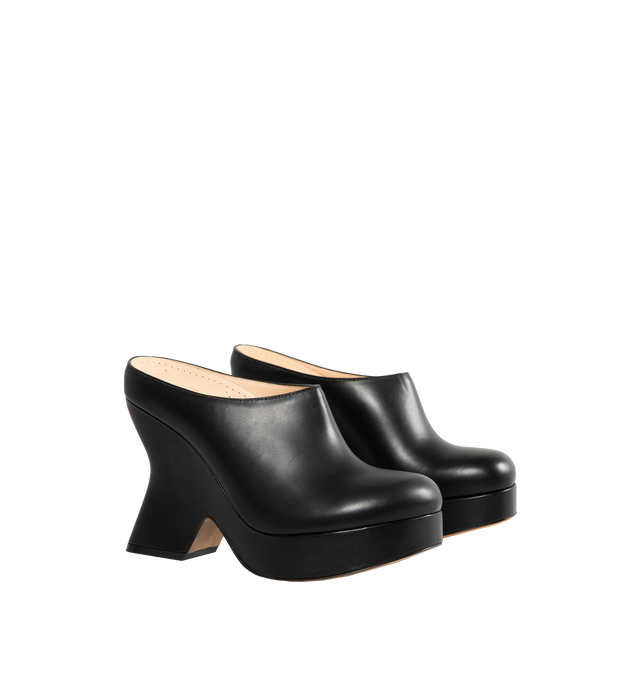 BLACK - LOEWE Wedge Clogs has a orund toe, scultped 110cm covered heel, and platform sole.  Calfskin leather. made in Italy. 
