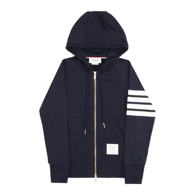 Image 1 of 2 - BLUE - THOM BROWNE zip-up hoodie sweatshirt in cotton jersey with drawcords at hood, kangaroo pockets featuring logo patch and signature stripes at sleeve.